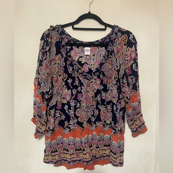 Billa size L mixed print boho peasant multicolor paisley 3/4 sleeve blouse EUC - Picture 4 of 5